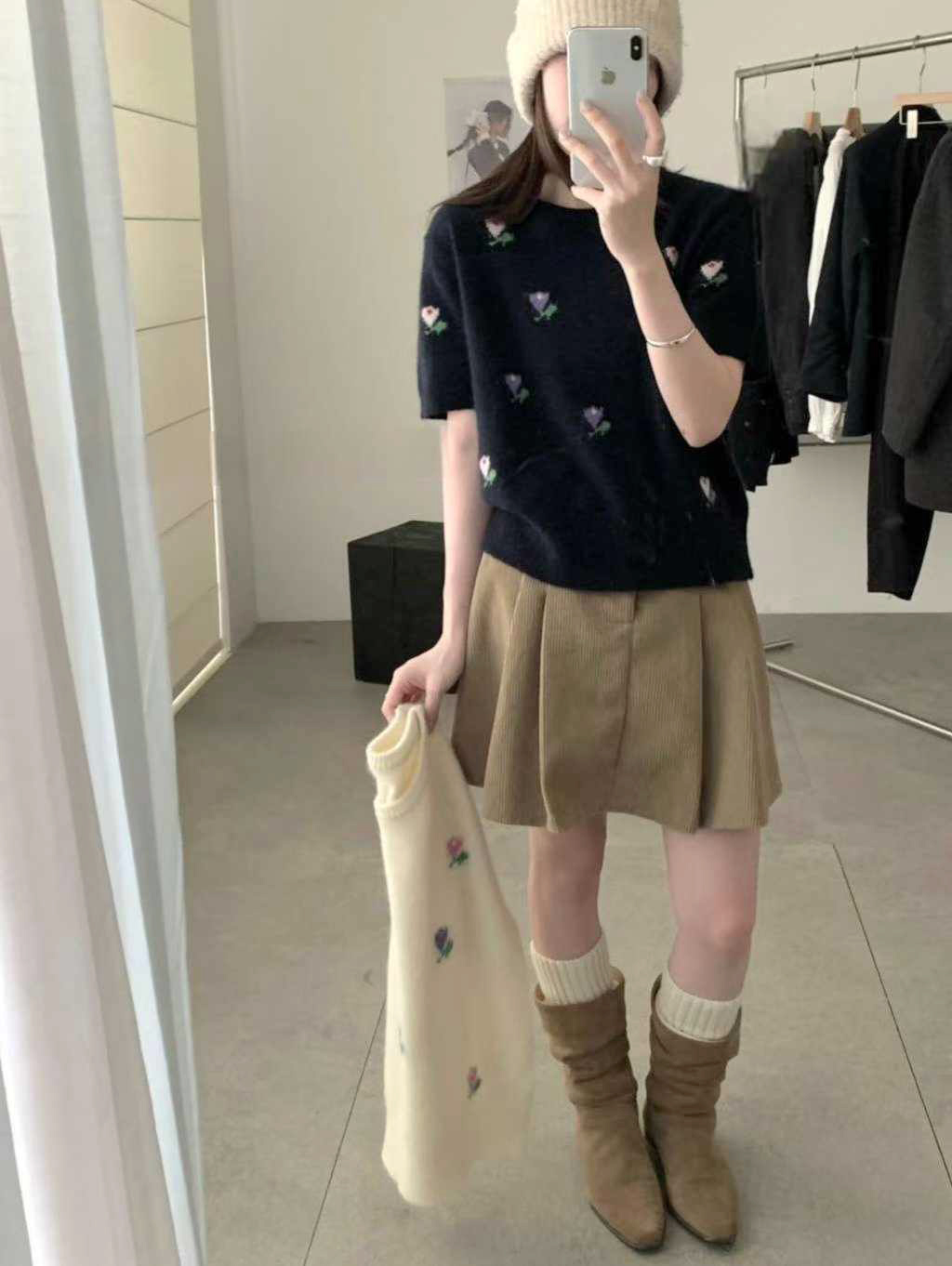 可可家小花朵100%WOOL短袖毛衣