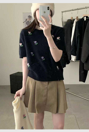 可可家小花朵100%WOOL短袖毛衣