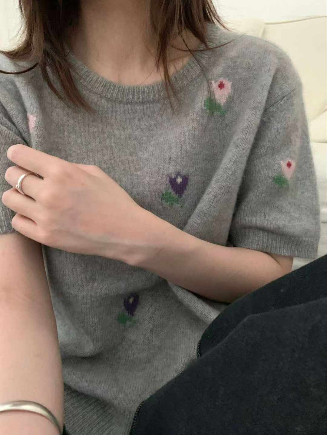 可可家小花朵100%WOOL短袖毛衣
