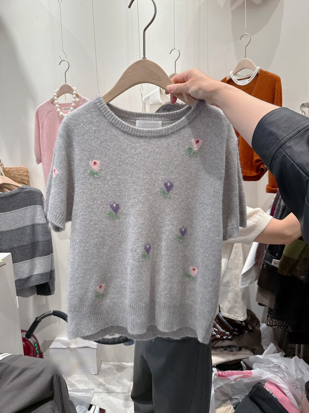 可可家小花朵100%WOOL短袖毛衣