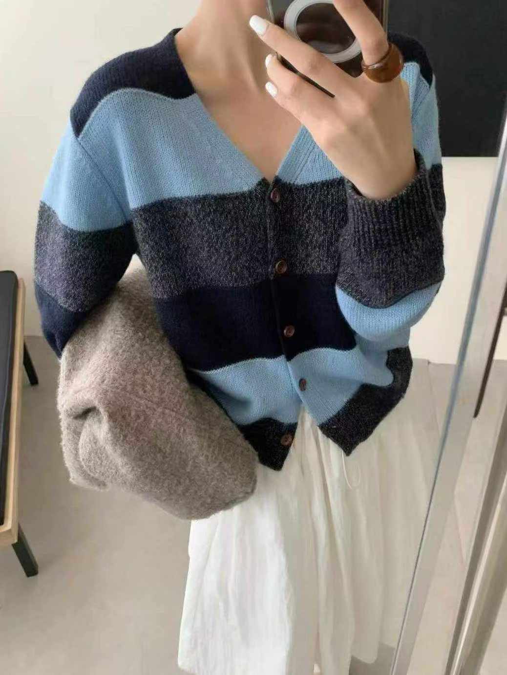可可家寬條紋70%WOOL外套