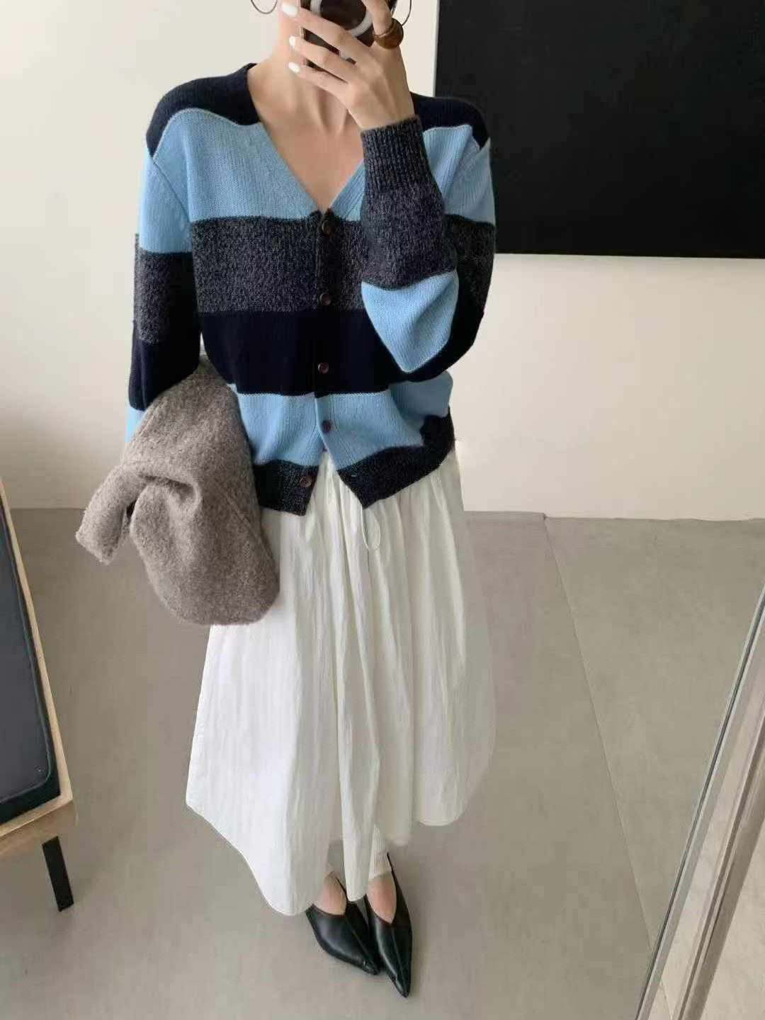 可可家寬條紋70%WOOL外套
