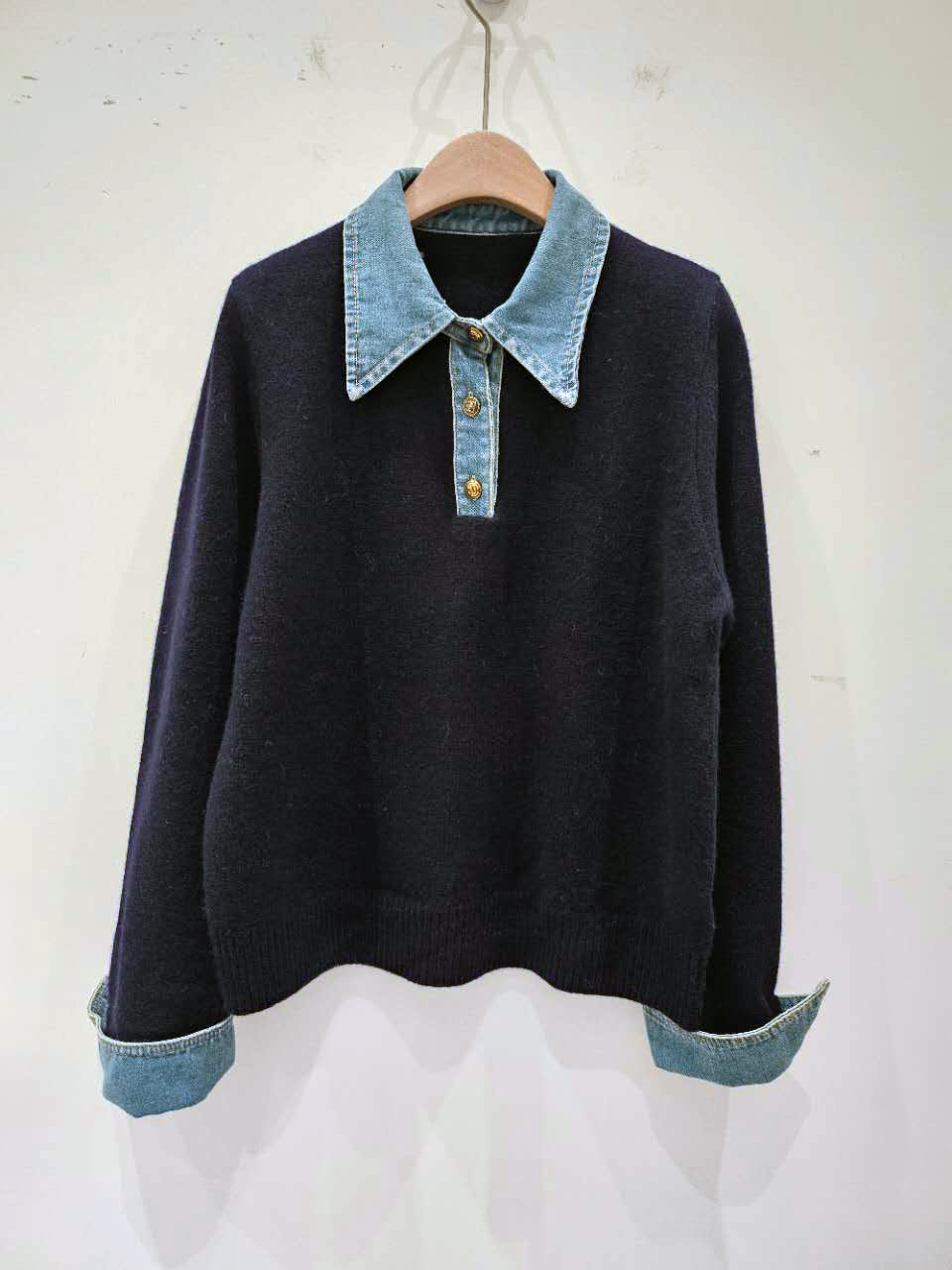 B55.星星家牛仔翻領100%WOOL毛衣