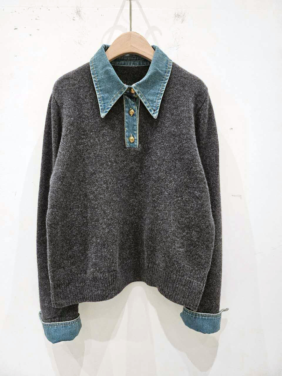 B55.星星家牛仔翻領100%WOOL毛衣