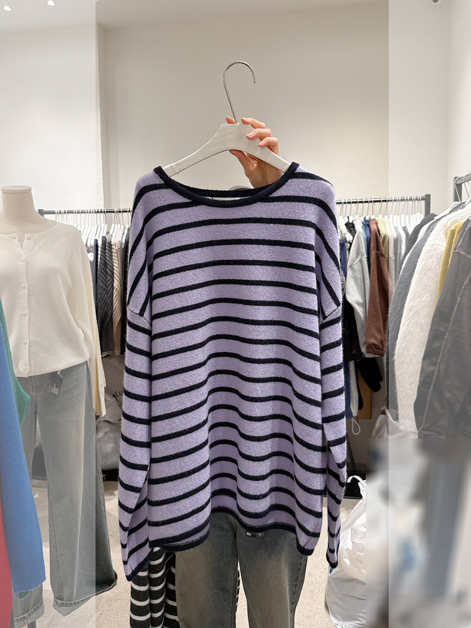 C14.亮色大圓領寬條紋100%羊毛衣