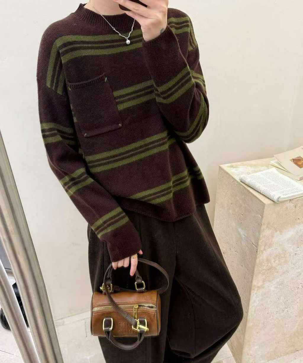 可可家口袋漸變條100%WOOL毛衣
