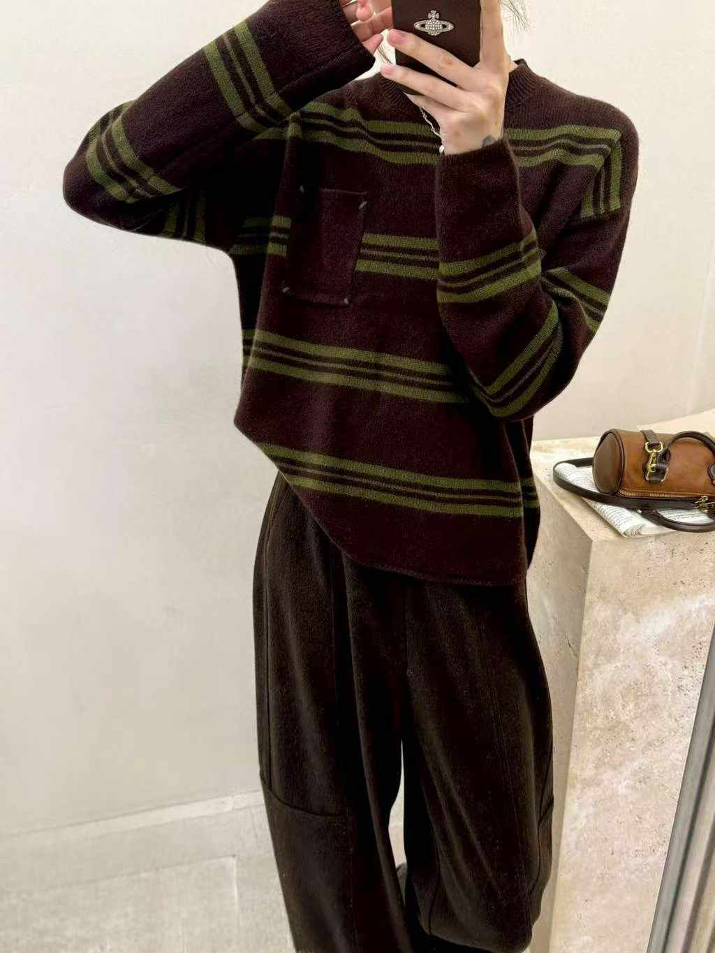 可可家口袋漸變條100%WOOL毛衣