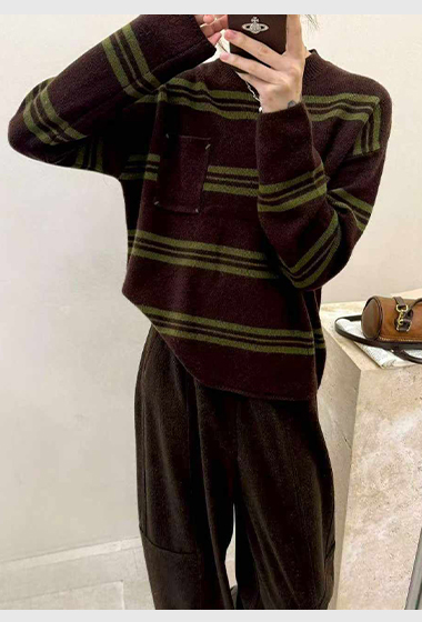 可可家口袋漸變條100%WOOL毛衣