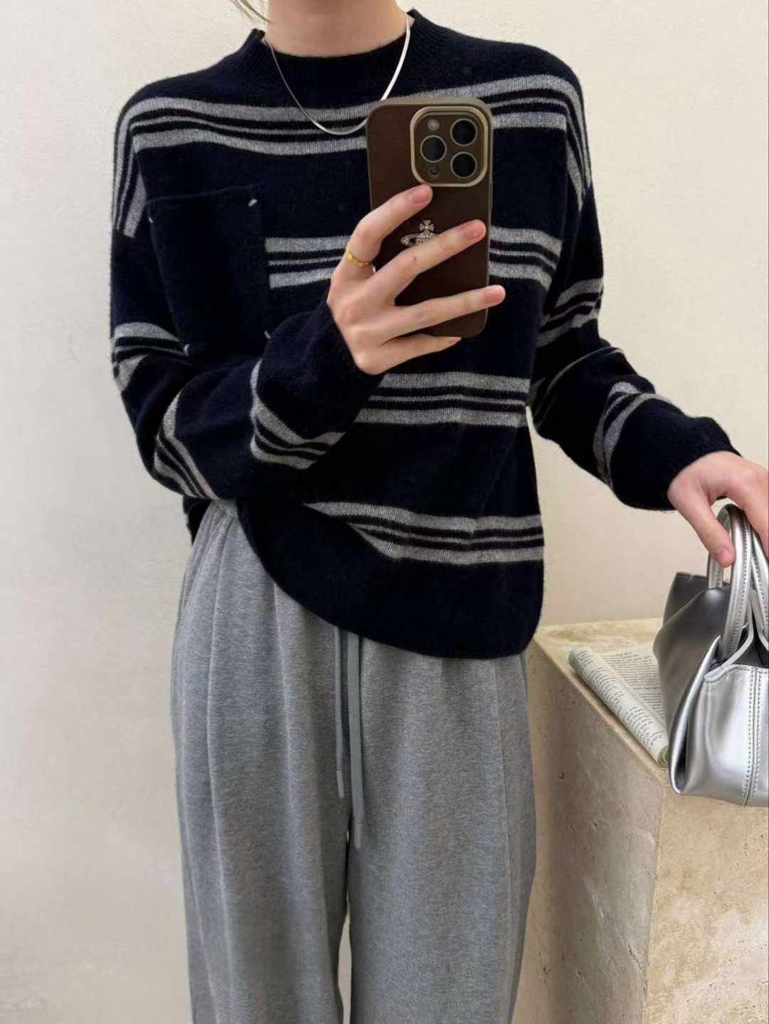 可可家口袋漸變條100%WOOL毛衣