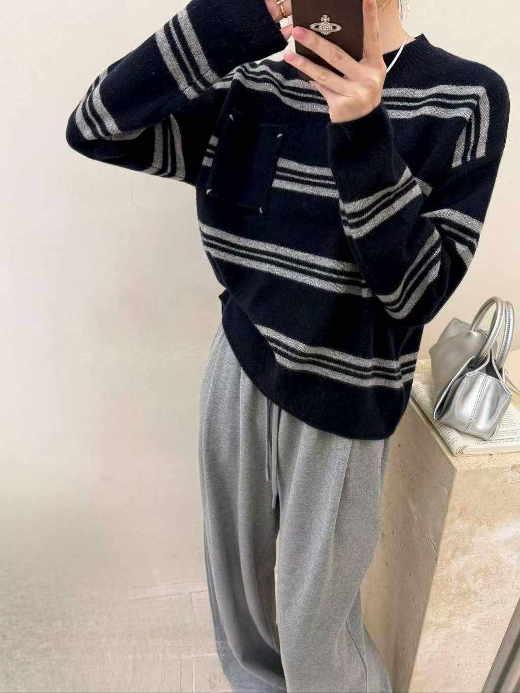 可可家口袋漸變條100%WOOL毛衣