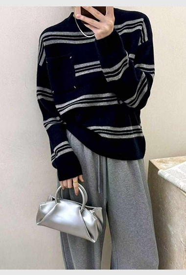 可可家口袋漸變條100%WOOL毛衣