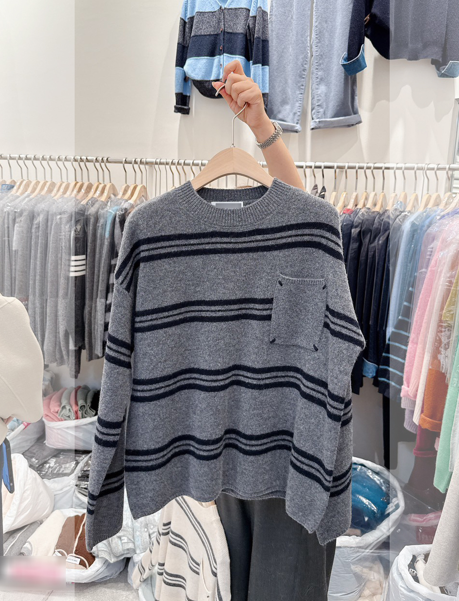 可可家口袋漸變條100%WOOL毛衣