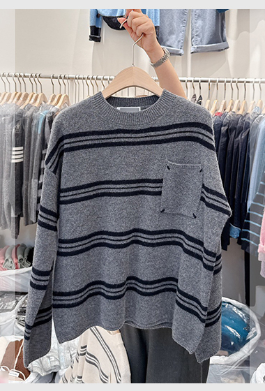 可可家口袋漸變條100%WOOL毛衣