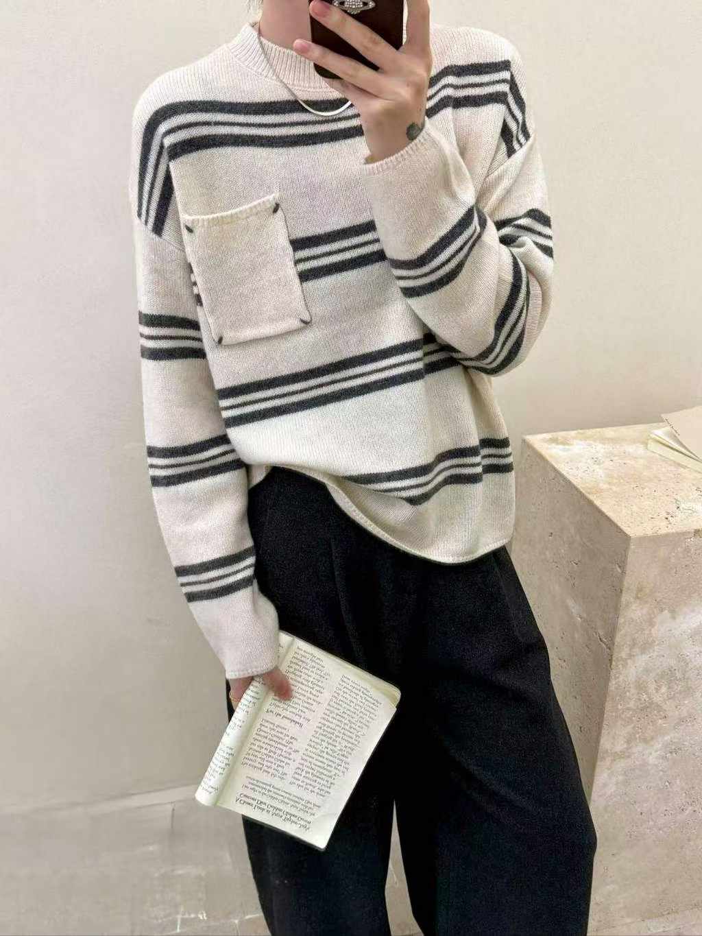 可可家口袋漸變條100%WOOL毛衣