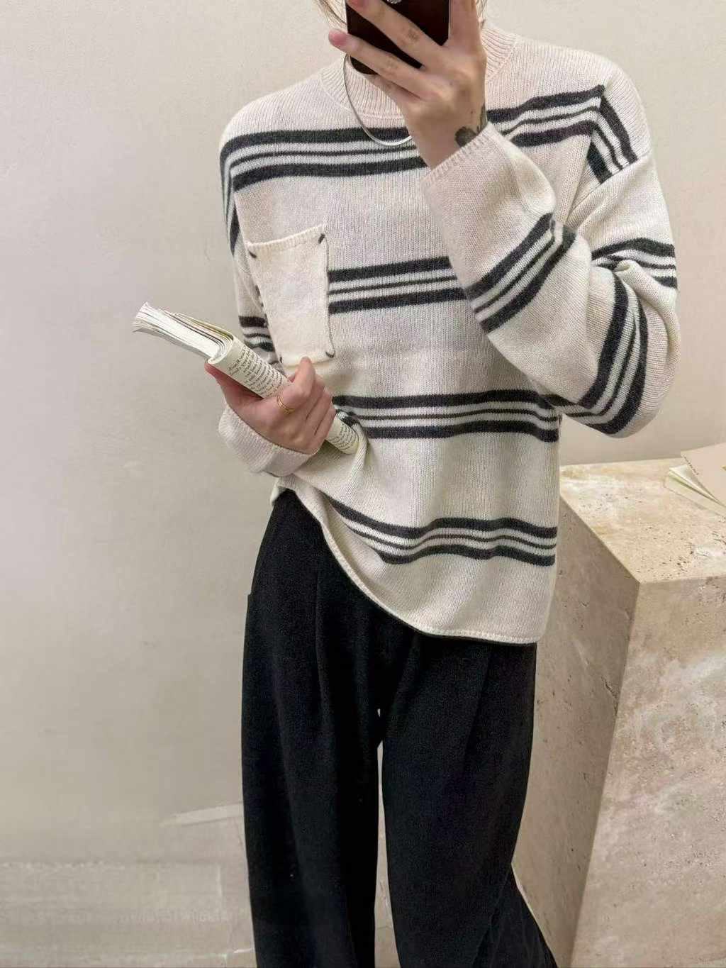 可可家口袋漸變條100%WOOL毛衣