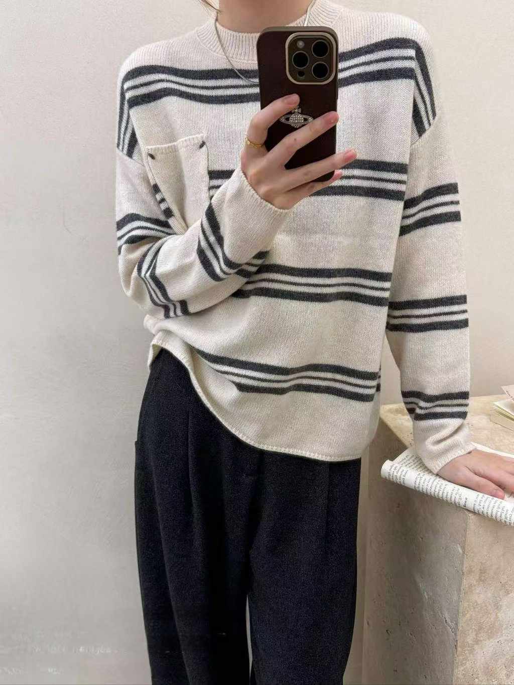 可可家口袋漸變條100%WOOL毛衣