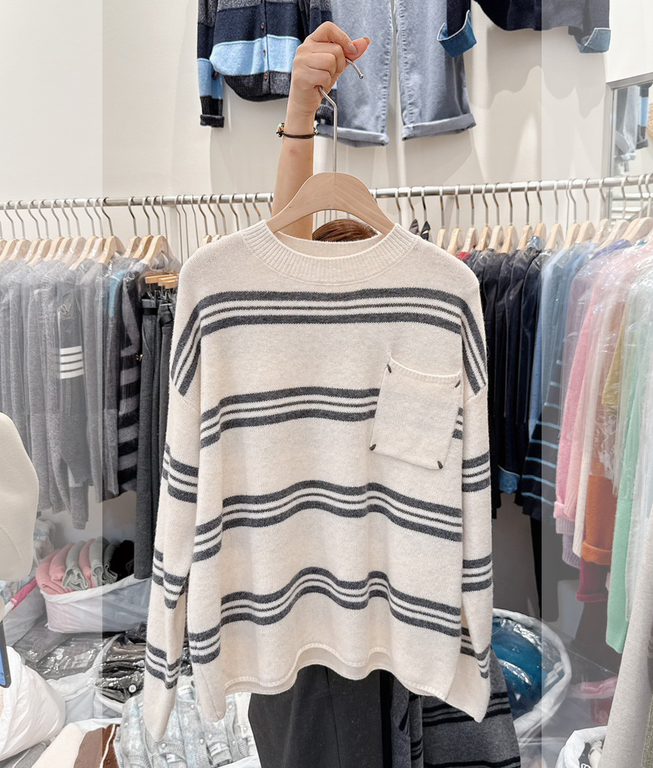 可可家口袋漸變條100%WOOL毛衣