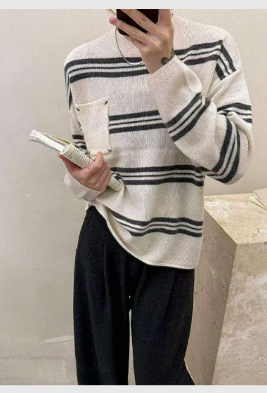 可可家口袋漸變條100%WOOL毛衣