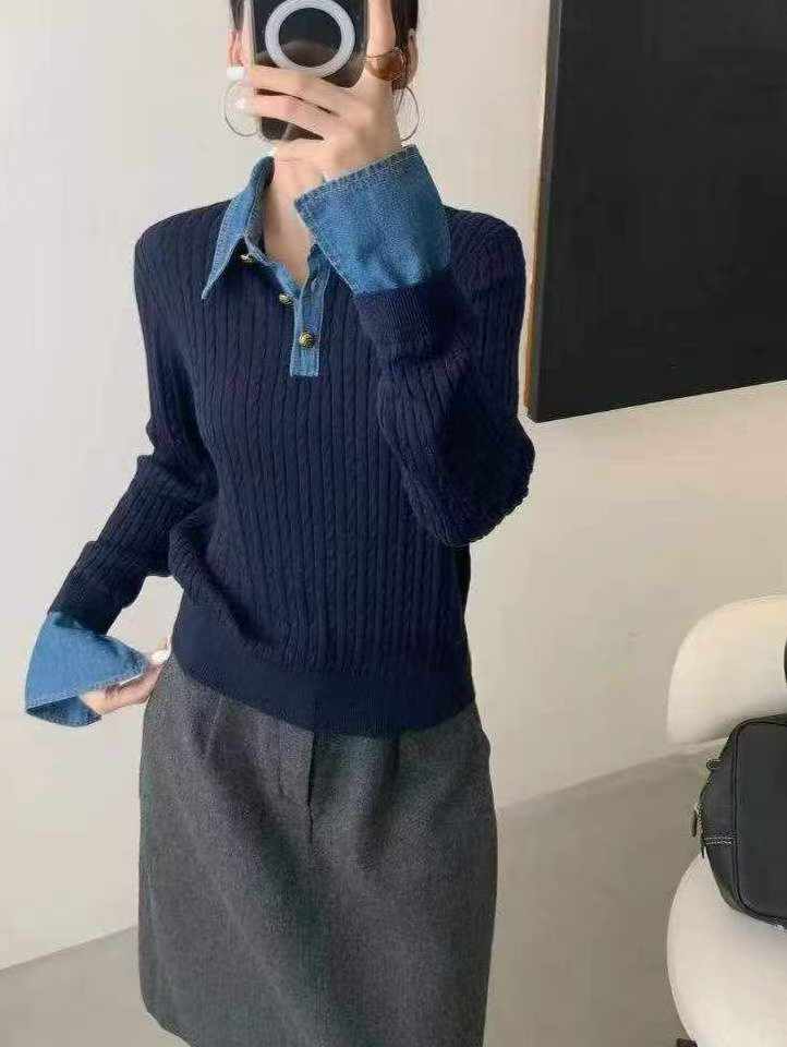 B93.可可家牛仔拼接襯100%WOOL毛衣