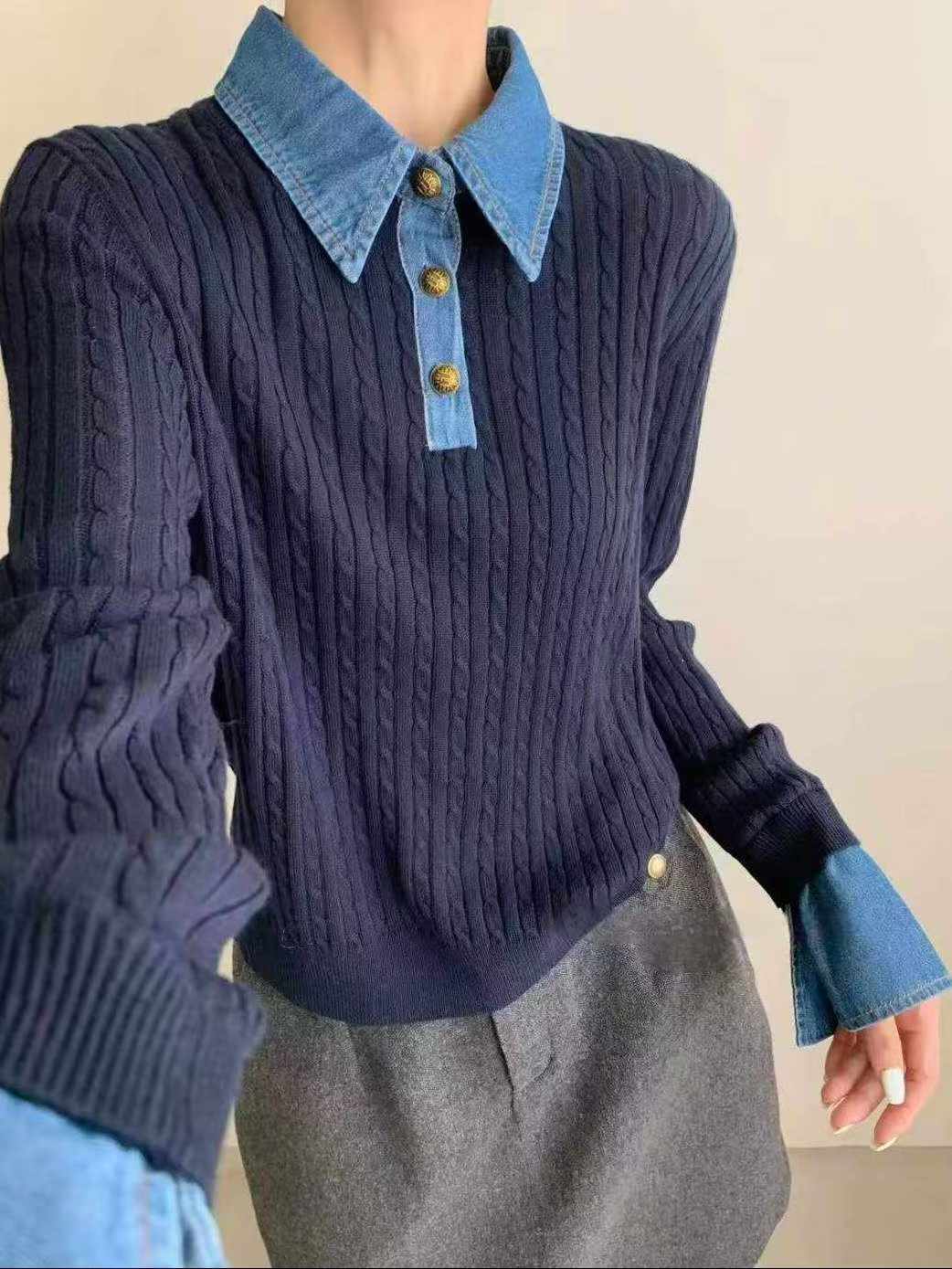 B93.可可家牛仔拼接襯100%WOOL毛衣