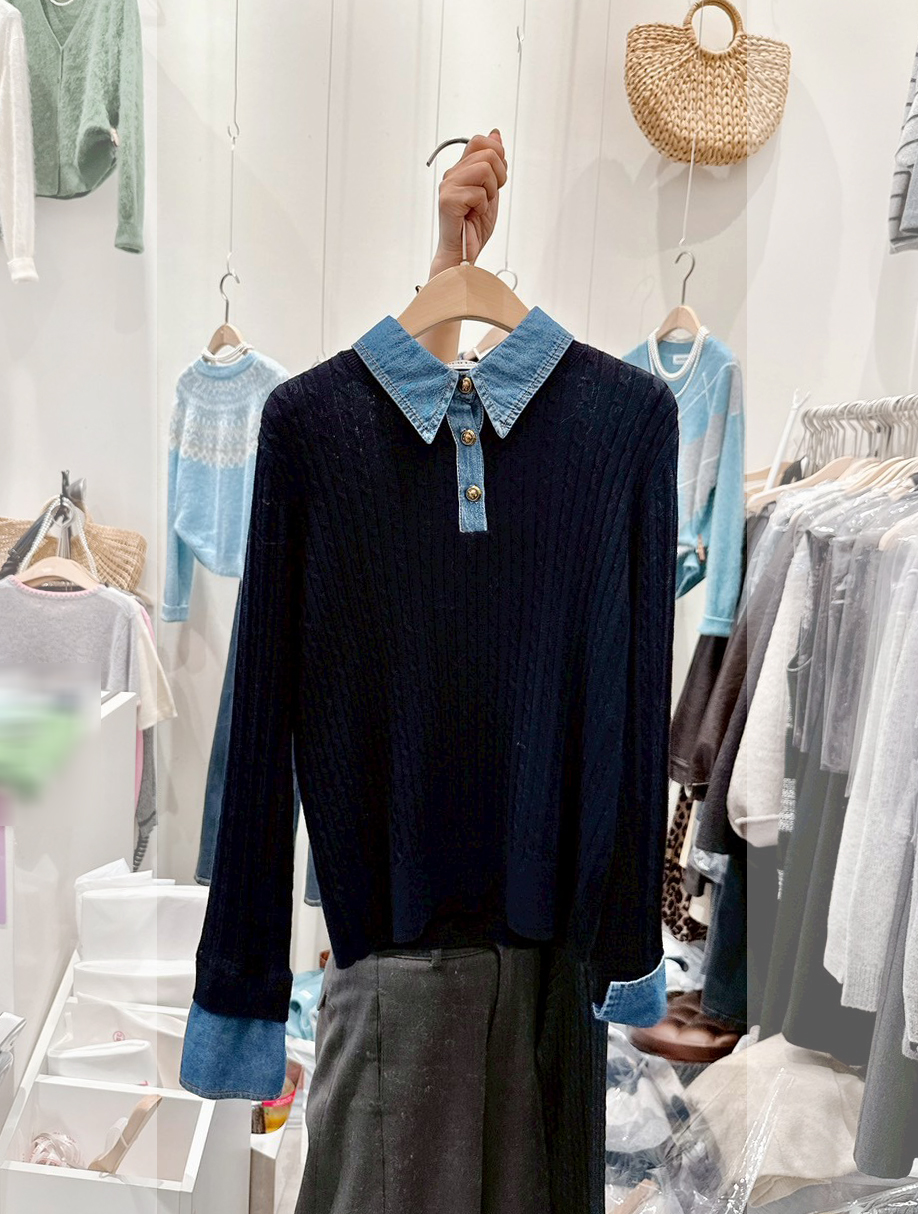 B93.可可家牛仔拼接襯100%WOOL毛衣