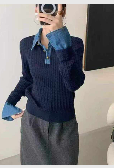 B93.可可家牛仔拼接襯100%WOOL毛衣