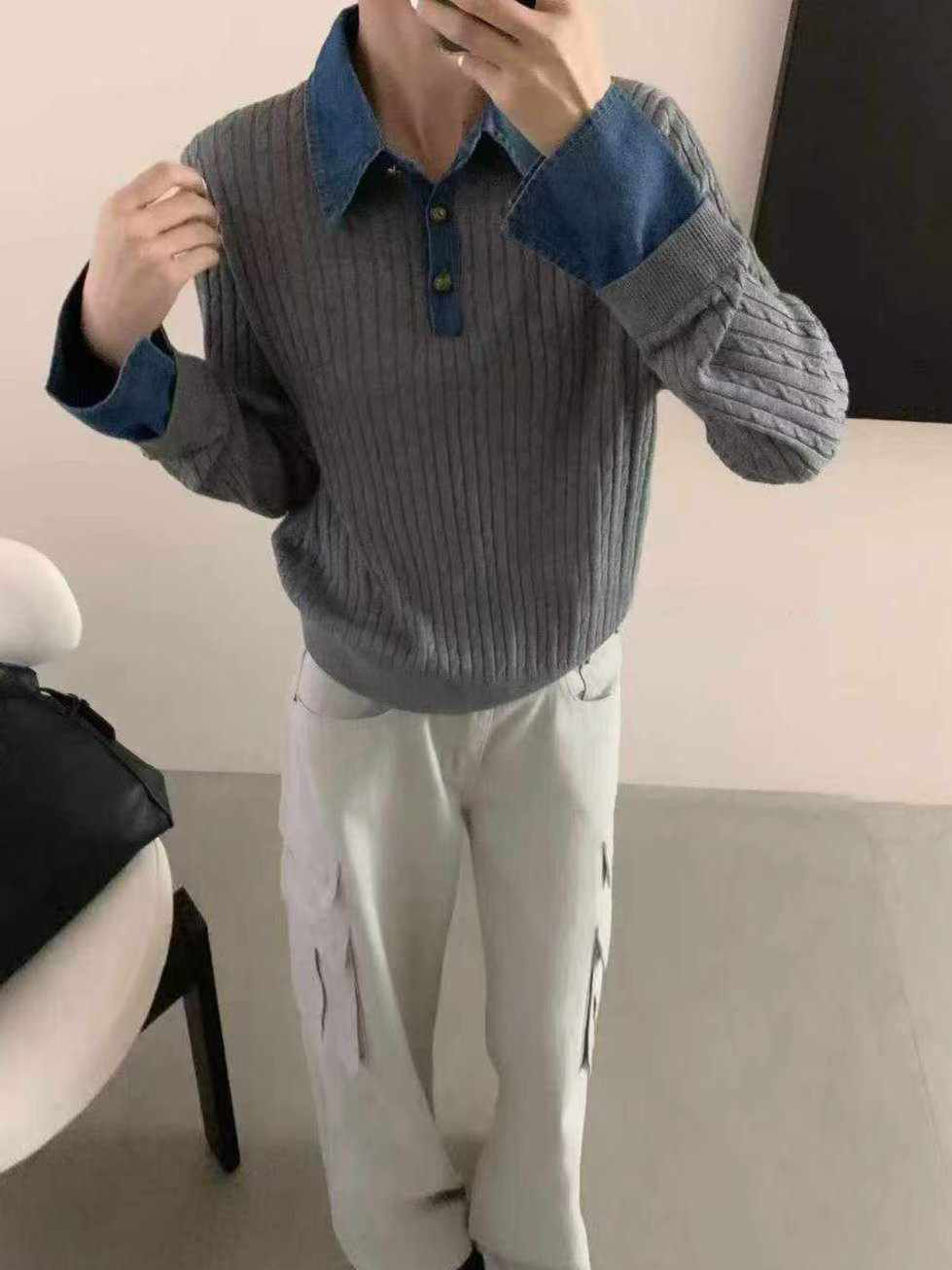 B93.可可家牛仔拼接襯100%WOOL毛衣