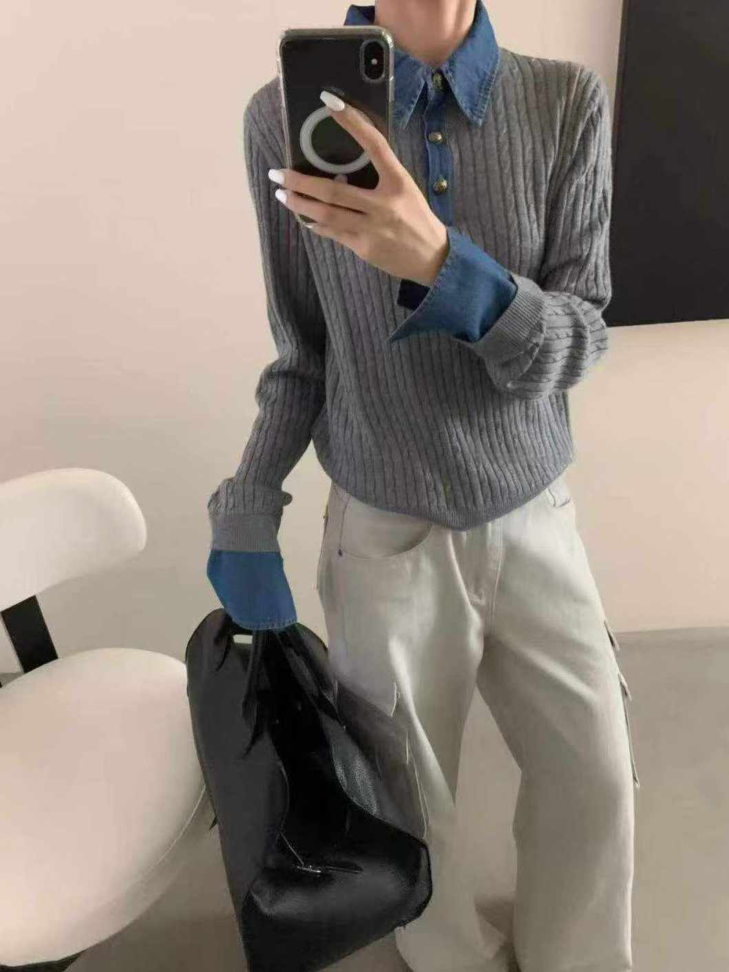 B93.可可家牛仔拼接襯100%WOOL毛衣