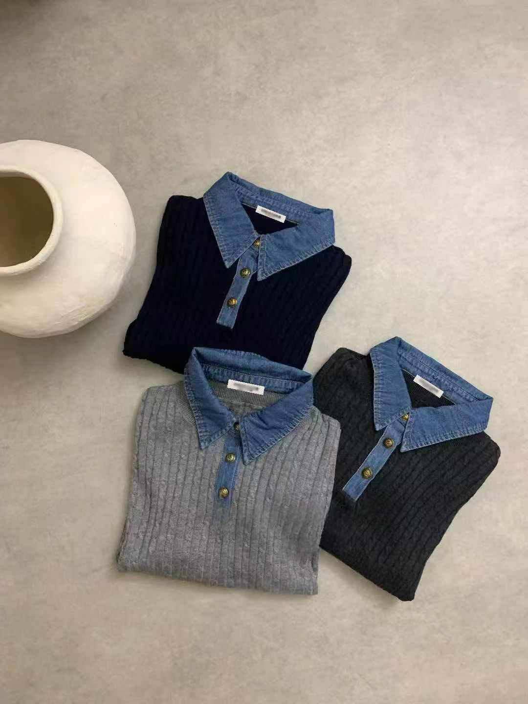 B93.可可家牛仔拼接襯100%WOOL毛衣