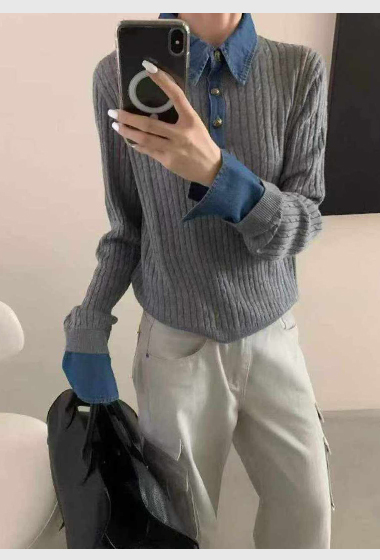 B93.可可家牛仔拼接襯100%WOOL毛衣