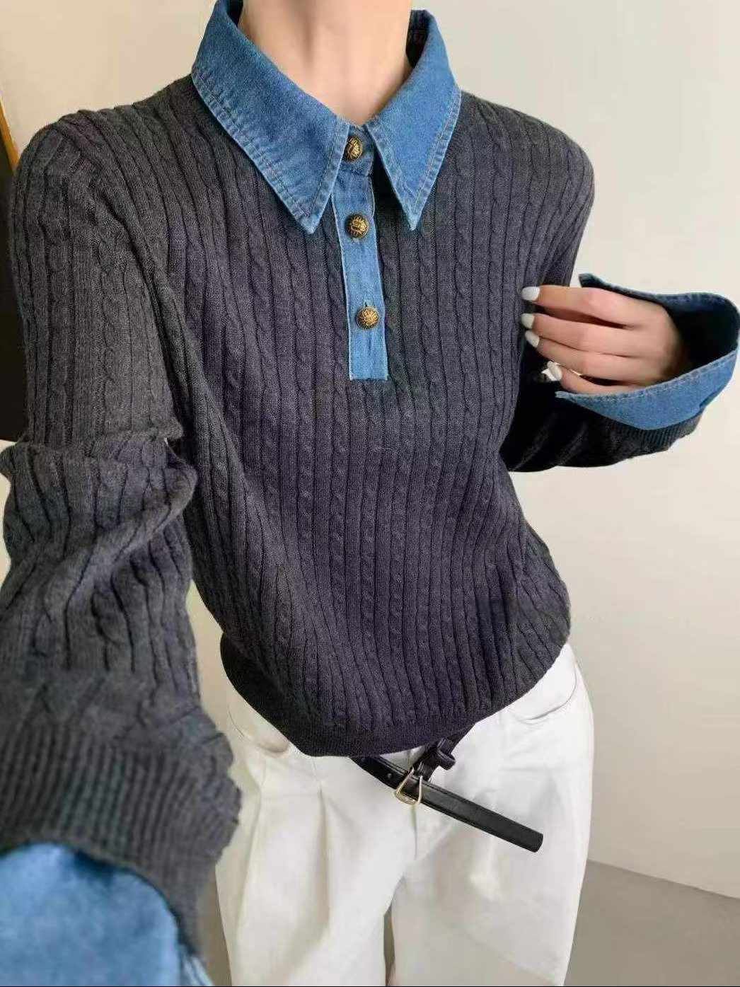 B93.可可家牛仔拼接襯100%WOOL毛衣