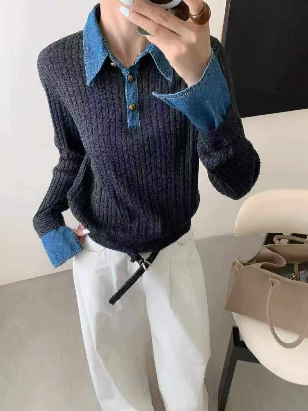 B93.可可家牛仔拼接襯100%WOOL毛衣