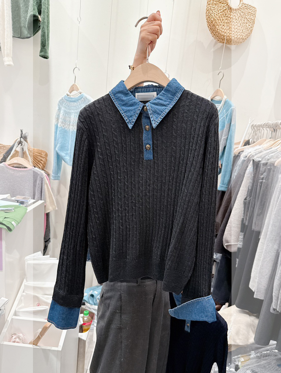 B93.可可家牛仔拼接襯100%WOOL毛衣