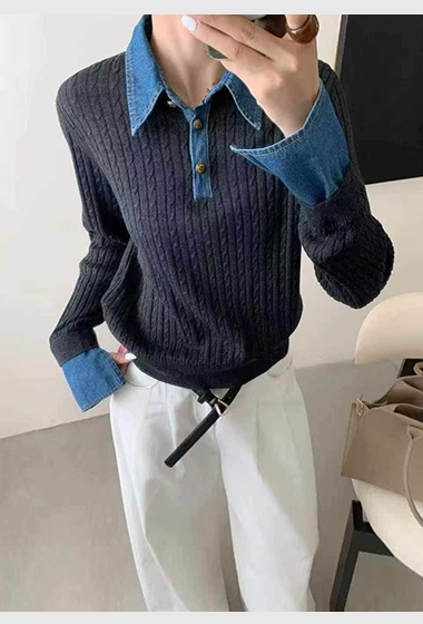 B93.可可家牛仔拼接襯100%WOOL毛衣