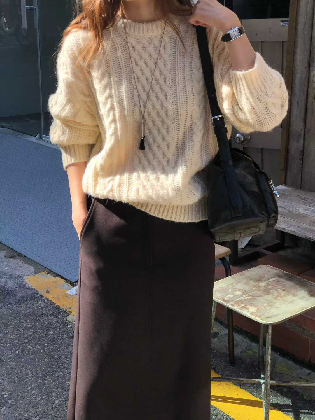 B61.大V家駝羊毛織紋圓領毛衣