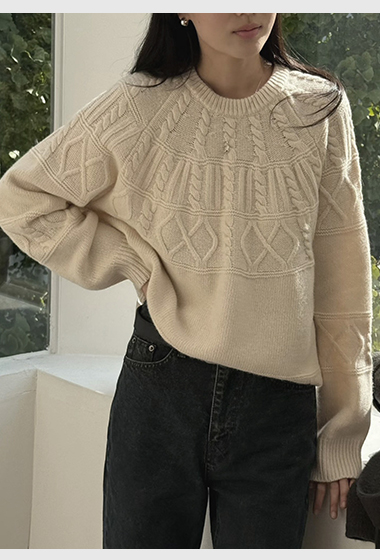 B51.瘦瘦歐膩圓領綻放麻花毛衣