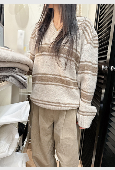 B73.冬日奶茶v領條紋毛衣