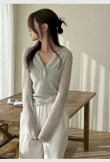 B26.瘦瘦歐膩粉嫩小排釦半門襟毛衣