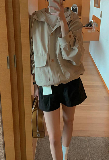 B18.韓國女孩連帽雙口袋風衣外套