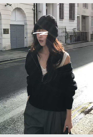 B10.小V家犛牛混紡小皮標拉鍊連帽外套