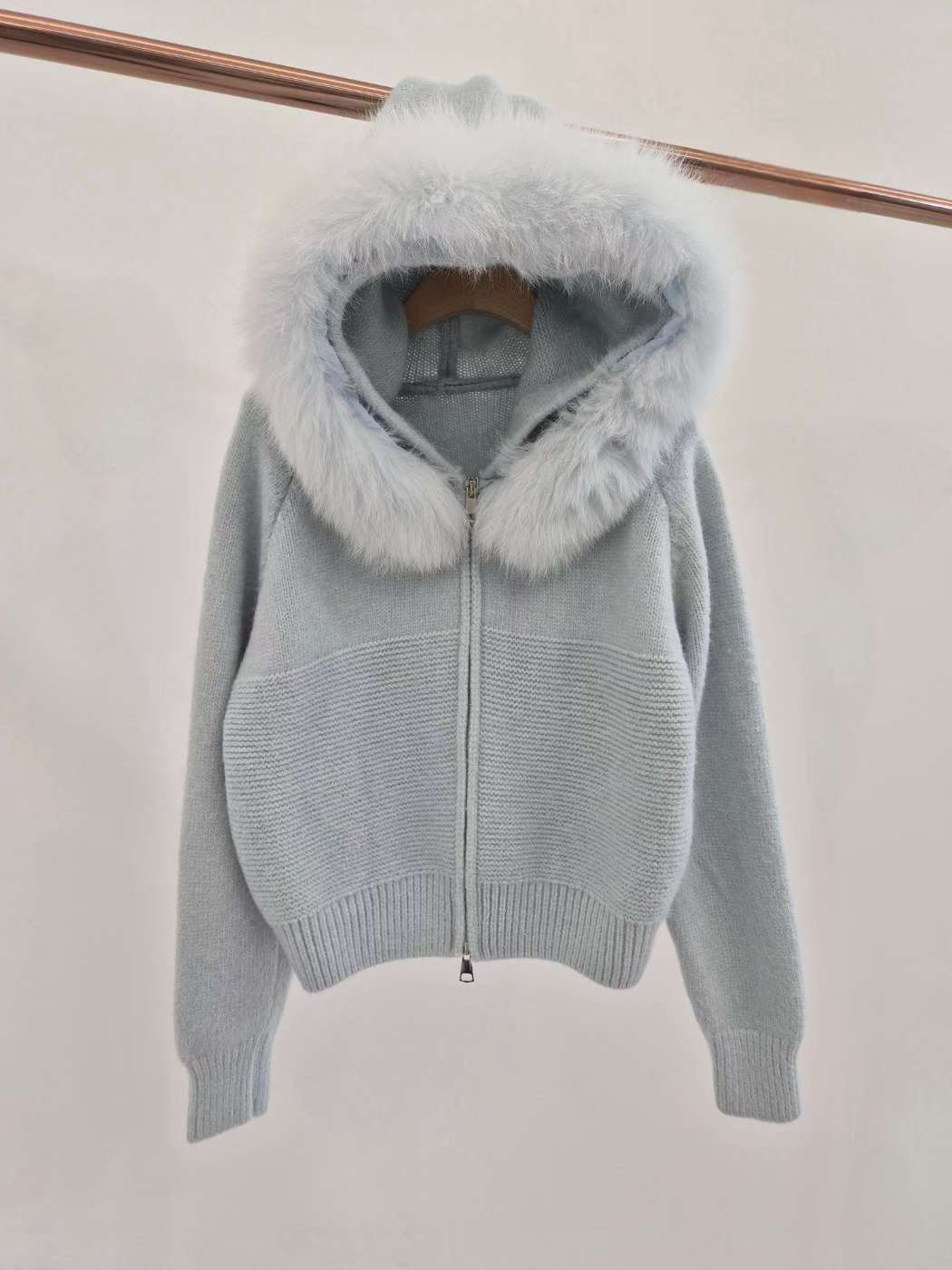 B86.可可家絕美毛領連帽針織外套