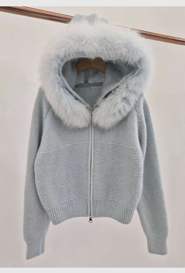 B86.可可家絕美毛領連帽針織外套