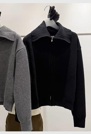 B76.質感家坑條大翻領拉鍊短外套