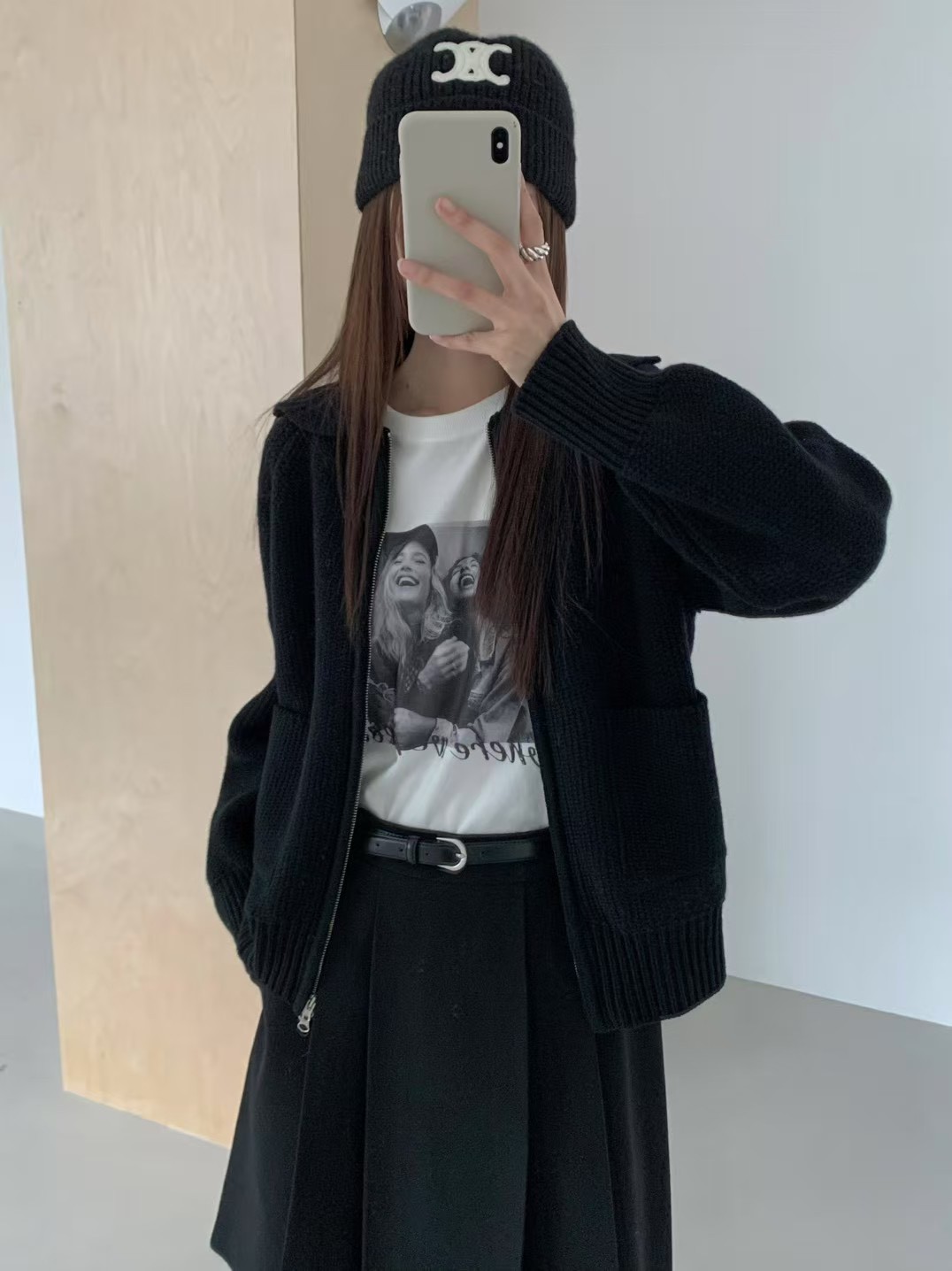 B43.灰階翻領毛衣拉鍊外套