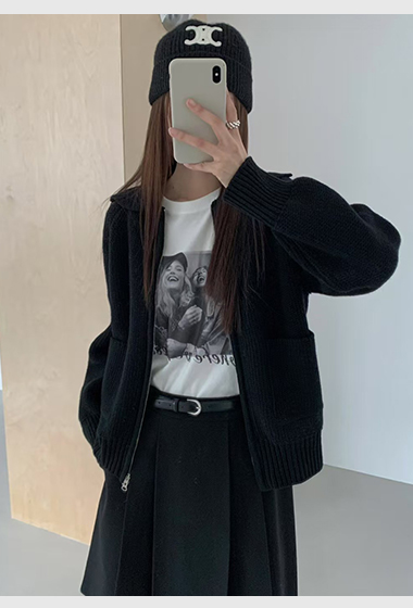 B43.灰階翻領毛衣拉鍊外套