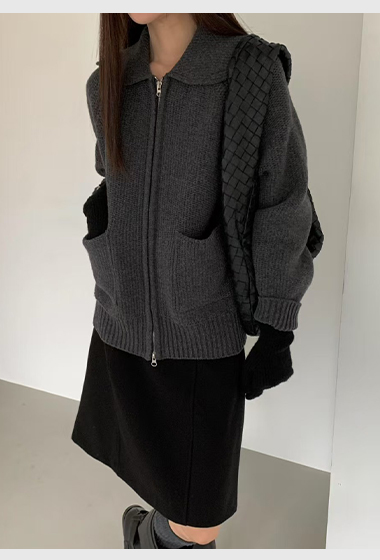 B43.灰階翻領毛衣拉鍊外套