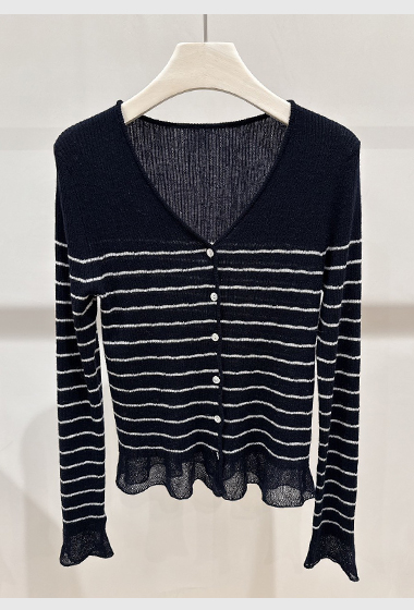 A12.俏皮小荷葉V領條紋針織上衣