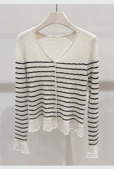 A12.俏皮小荷葉V領條紋針織上衣