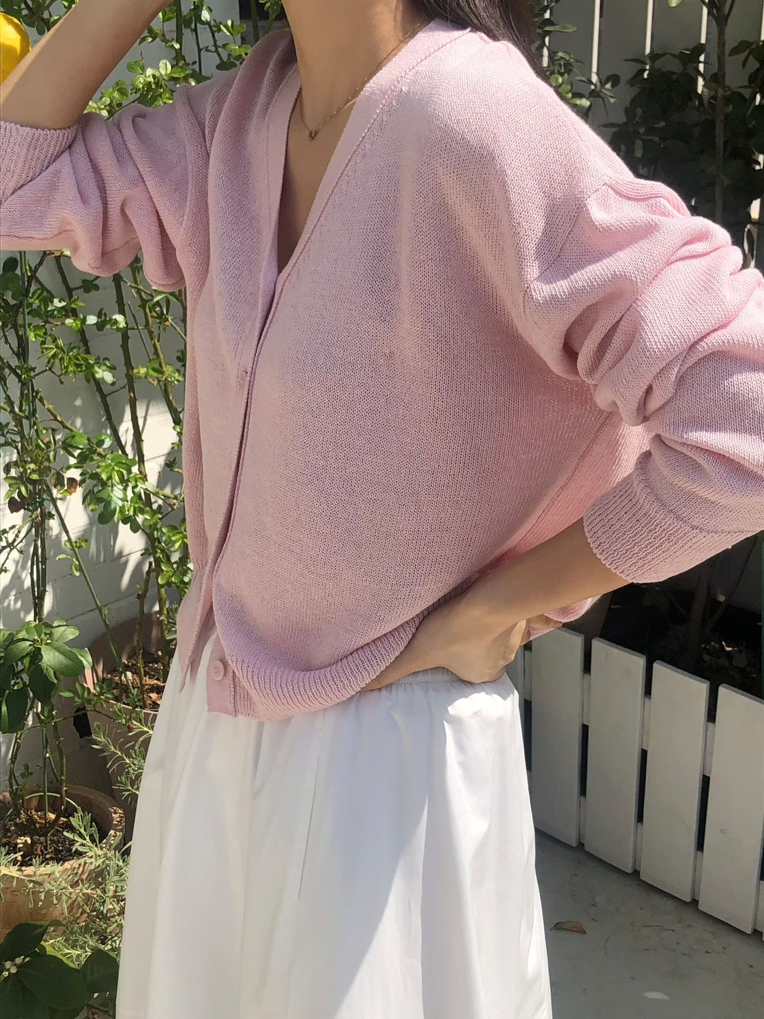 星星家亞麻混紡V領針織小外套