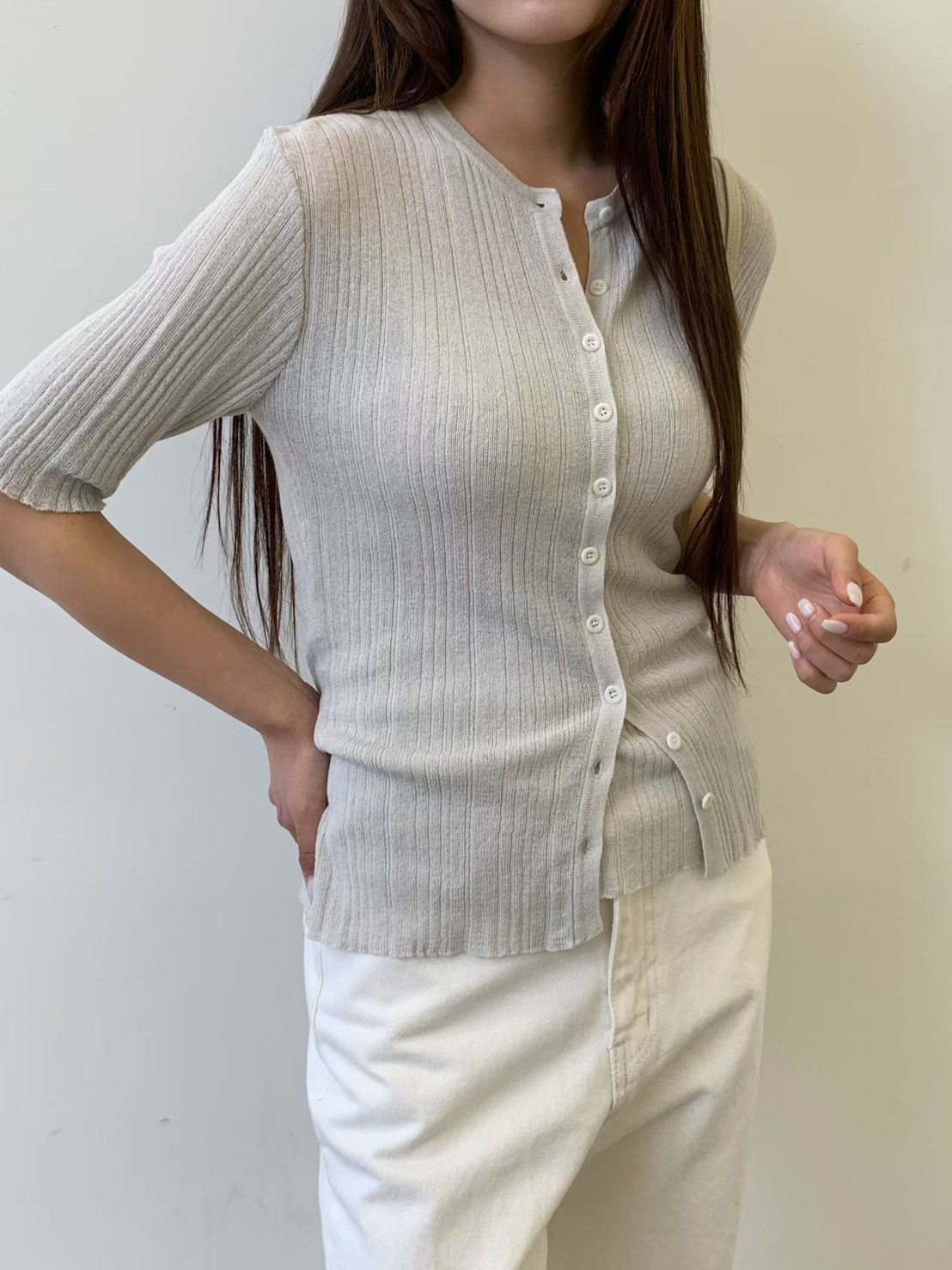 B32.質感家坑條小排釦五分袖外套